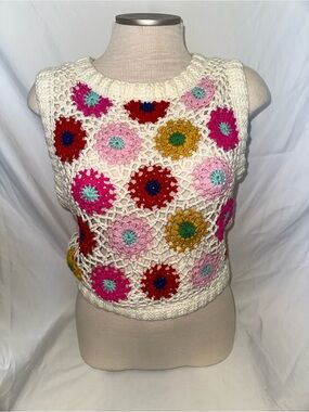 entro Cream Crochet Tank Top with Multicolor Floral Medallions